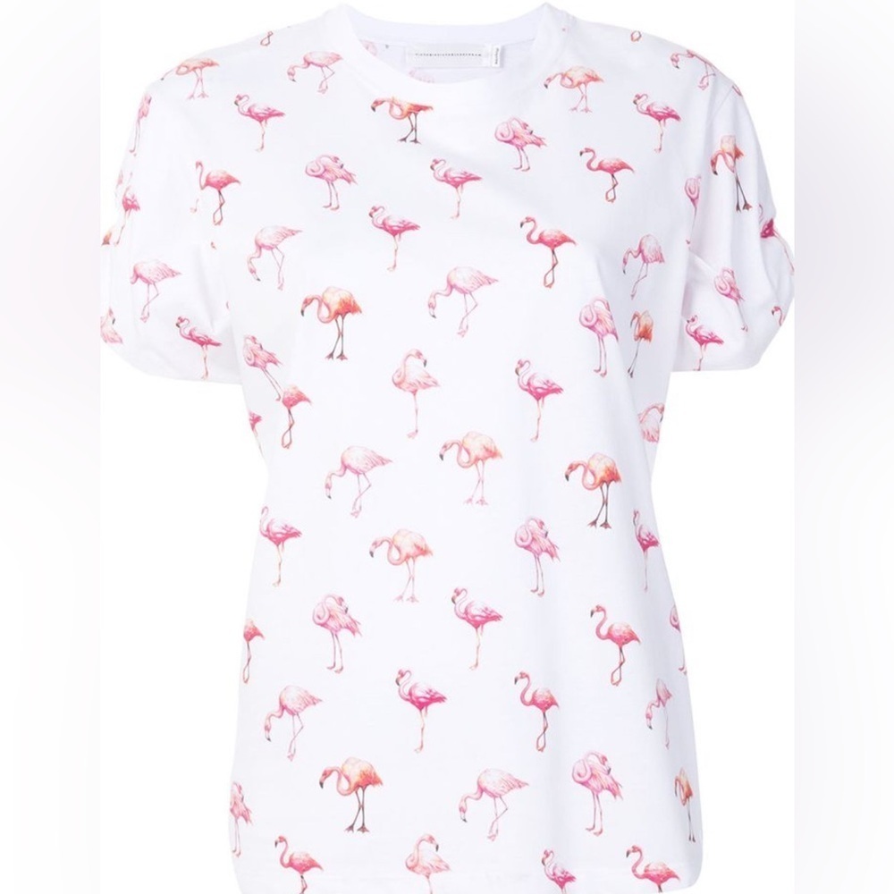 Victoria Beckham Flamingo Print T-Shirt Knot Sleeves 100% Cotton Summer Isle